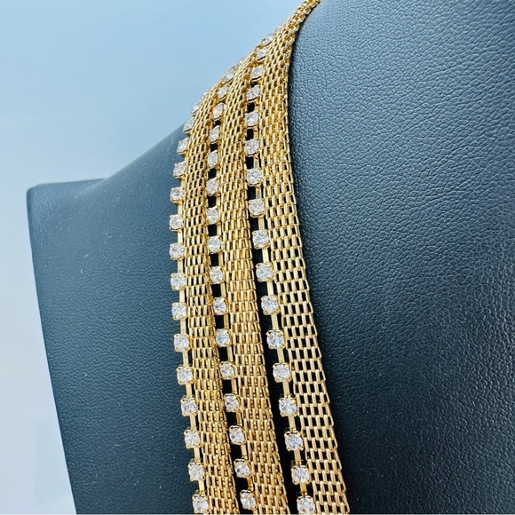 Retro Mesh 3 Chain Necklace Rhinestone Accent Layers Gold Tone Disco Glam 20” - Picture 2 of 11